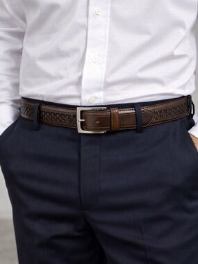 Paul Fredrick Brown Woven Leather Belt Made in Italy Silver Buckle Size 46